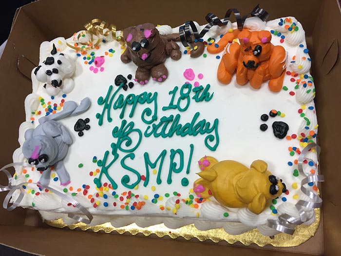 Happy 18th birthday KSMP! Cake with cat- and dog-shaped decorations.