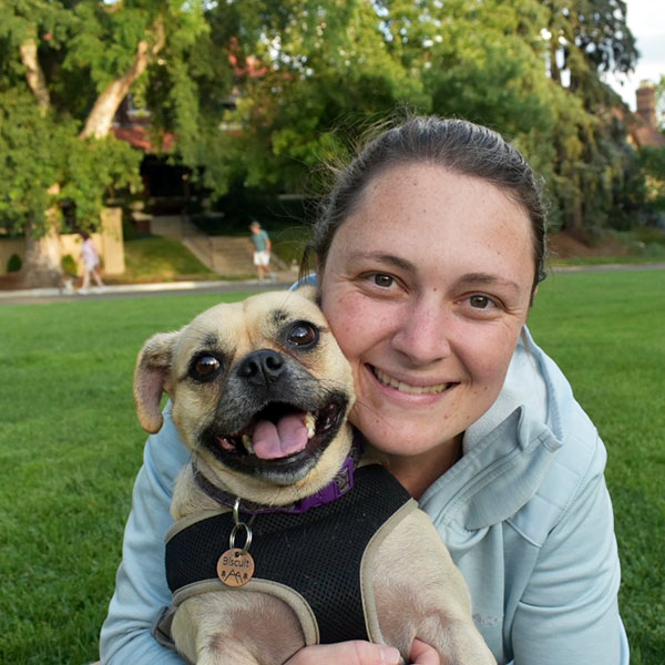 Photo of Emily Leverentz holding her pug, Biscuit