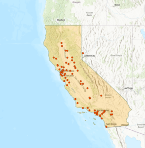 Map of California with red dots representing shelters with unfilled veterinarian or Registered Veterinary Tech positions