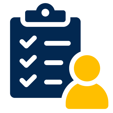 Graphic survey icon with blue clipboard containing a checklist and gold abstract icon of person's head and shoulders