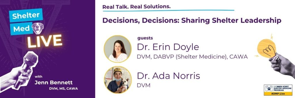 Purple and white graphic with text and small photos of veterinarians in upcoming Shelter Med LIVE episode